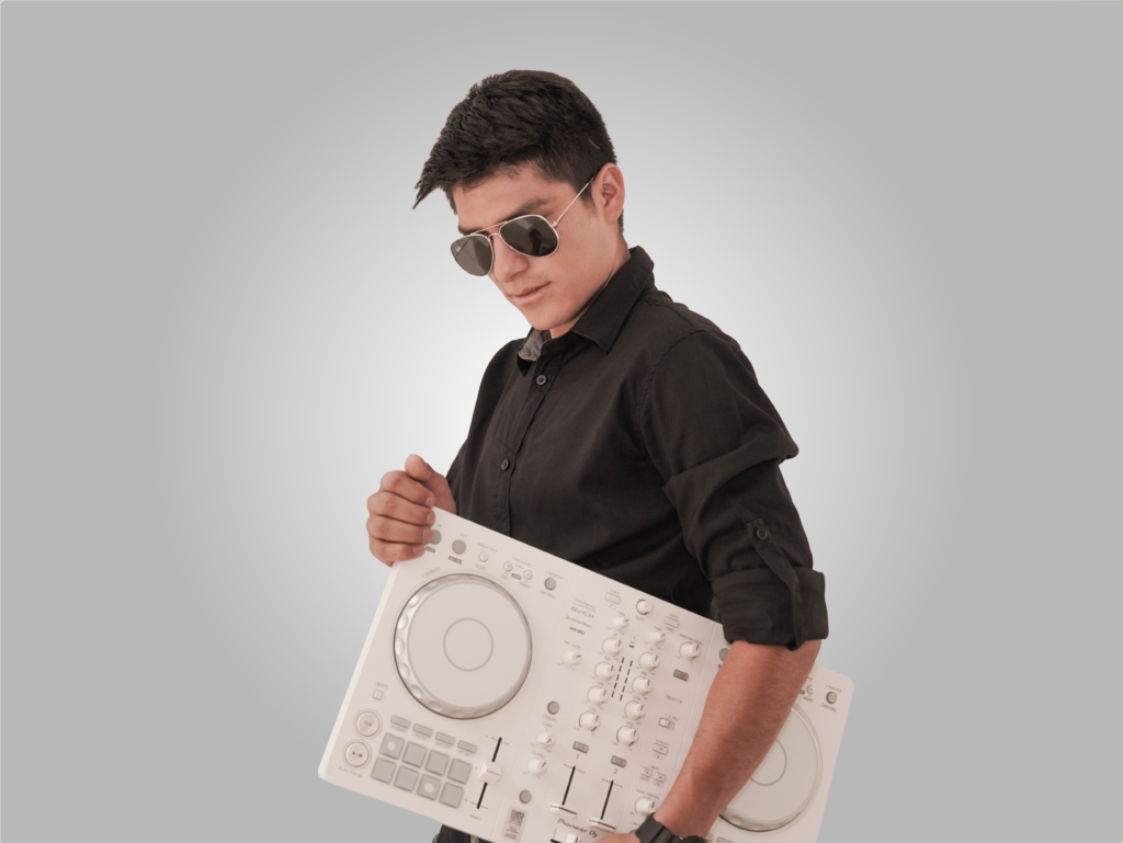 Stylish young DJ in dark outfit holding a DJ mixer in studio setting.